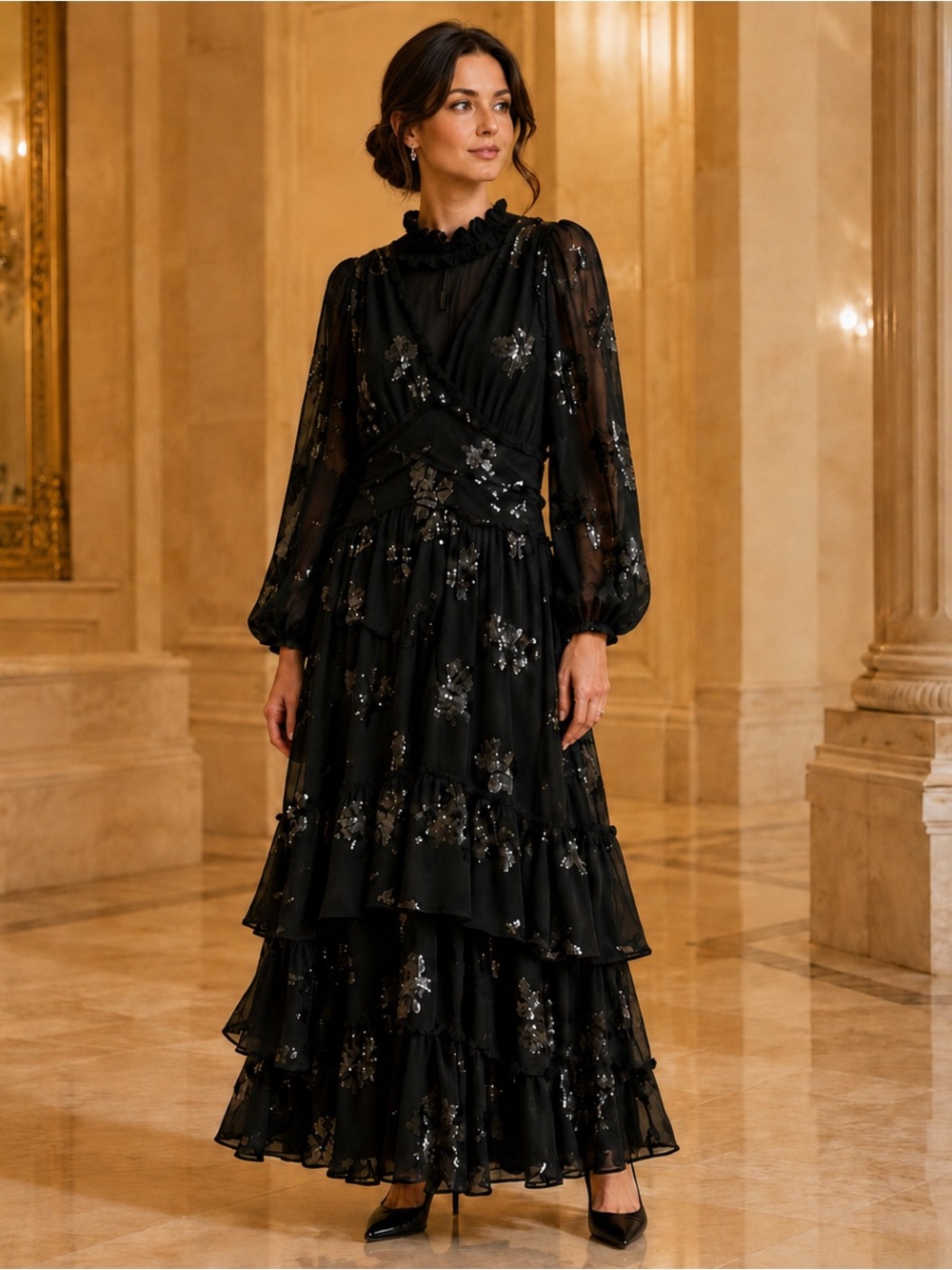 RARE DREAM SISTER JANE Gala Sequin Flower Black Tie MAXI Evening Event DRESS XS